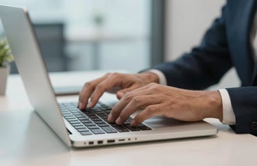 Close-up of professional hands typing on a high-end laptop in a bright Latin American office, emphasizing precision and efficiency, soft light blue lighting.