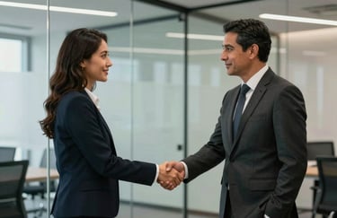 Two Latin American business partners in professional attire shaking hands in a minimalist glass-walled office, reflecting trust and security.
