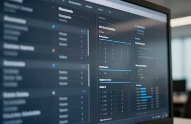 High-detail photography of a digital analytics interface reflected in a glass surface, sophisticated and tech-oriented, using blue and dark gray color palette, North American office setting.