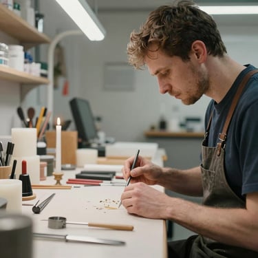 A specialist in a modern workshop in Slovakia, focusing on the production of tools or candles, with precise lighting and a professional vibe.