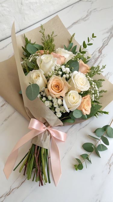 ramo de rosas blancas, rosas color melon con minirrosa blancas envuelto en papel cafe claro y liston