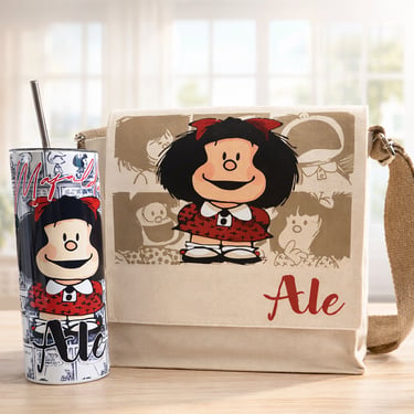 totebag y termo con dibujo de mafalda