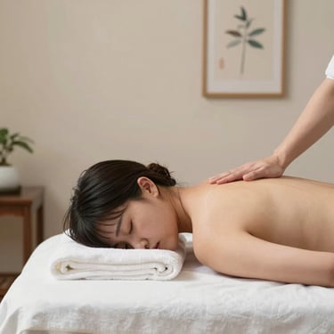 A serene spa room with soft candlelight, smooth stones, and gentle hands performing a holistic massage.