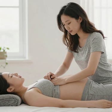 A serene spa room with soft candlelight, smooth stones, and gentle hands performing a holistic massage.
