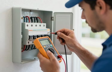 Close-up photography of a professional electrician in a North American Gulf Coast home using a digital multimeter to test a circuit breaker panel, lighting is clean and bright.