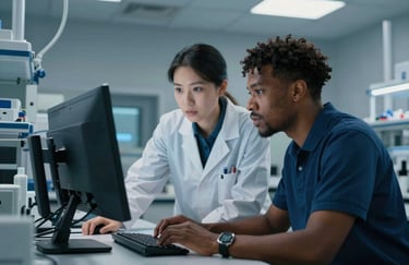 Two diverse professionals collaborating in a high-tech lab setting in North America. They are looking at a large monitor with intense, focused expressions. The lighting is crisp and modern, featuring Medium Blue and Dark Blue color accents in the hardware.