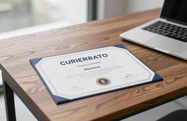 A crisp, detailed photograph of a professional certificate resting on a minimalist walnut desk next to a modern silver laptop. The setting is a bright, North American corporate office with soft natural light highlighting the professional achievement and sophisticated mood.