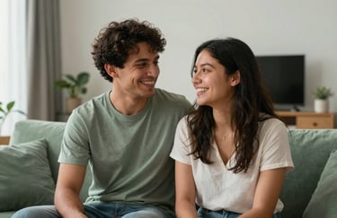 A young South American couple smiling in their new modern living room, soft natural light, minimalist decor with sage green accents, feeling of success.