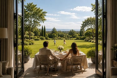 Couple holding hands at a beautifully set outdoor table children play in the garden bespoke family