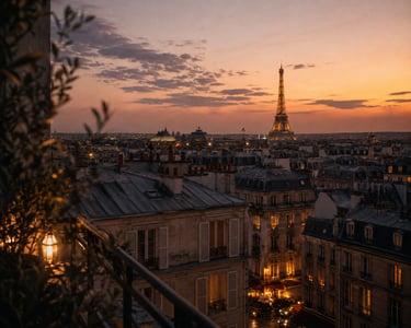 Paris rooftop view at dusk with the Eiffel Tower lit up bespoke couples experience designer Paris