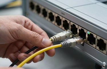 A close-up of a professional hand connecting a high-speed fiber optic or ethernet cable into a network switch, tech-focused, professional lighting.