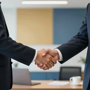 A professional handshake between two businesspeople in a bright Brazilian office, with a soft focus on a gold and slate blue background.