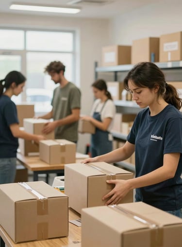 A well-organized food distribution center where volunteers are packing boxes with care and dignity, highlighting community development efforts.