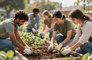 A group of diverse community members working together in a high-quality community garden, symbolizing growth and service. Warm, dignified lighting.
