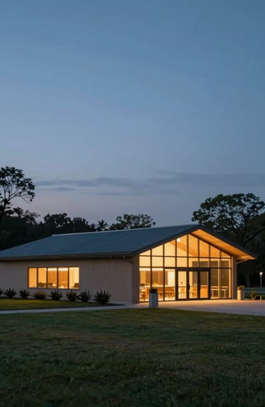 A serene landscape of a community center at dusk, with warm lights glowing inside, representing a beacon of hope and transformation.