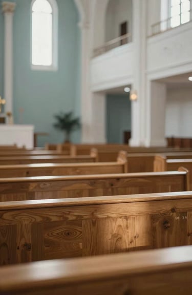 A peaceful interior of a modern church sanctuary with natural light hitting wooden pews, reflecting spiritual guidance and sanctuary. Accents of #A2B2AE and #F8F4F0.