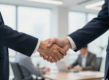 Two professionals shaking hands in a bright, modern office, symbolizing strategic and intentional grantmaking partnerships and trust.