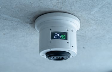 Close-up of a high-precision digital fire detection sensor mounted on a modern concrete ceiling, with clean lighting in pale sky blue and ice white.