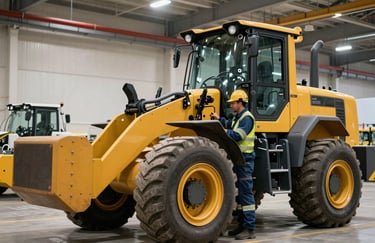 A technician in professional safety gear inspecting the maintenance of a large yellow wheel loader in a modern Middle Eastern facility, emphasizing high maintenance standards and reliability.