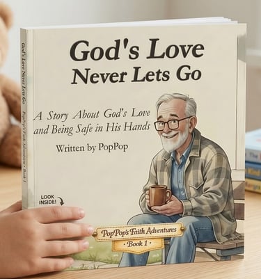 Children's Christian book titled God's Love Never Lets Go by PopPop featuring an illustrated grandfather.