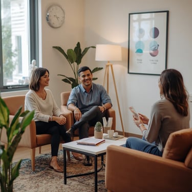 A smiling couple sits in a cozy therapist office during a professional counseling session for relationship advice.