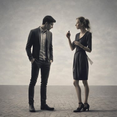 Una pareja elegantemente vestida posa en un paisaje desértico minimalista bajo un cielo gris suave.