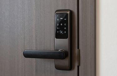Close-up of a high-end electronic keyless entry system on a modern apartment door in North America / US, symbolizing security and convenience.
