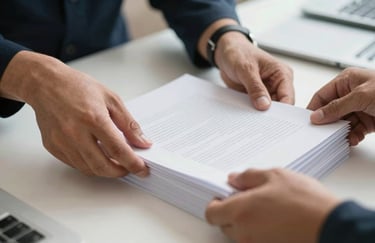 A close-up of a professional's hands efficiently organizing a stack of documents in a well-lit, clean workspace in South America, with a focus on precision and order.