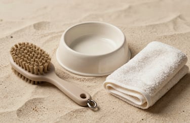 A collection of high-quality puppy care items: a soft warm taupe brush, a clean ceramic bowl, and a soft off-white cotton towel, arranged neatly on a light sand surface.