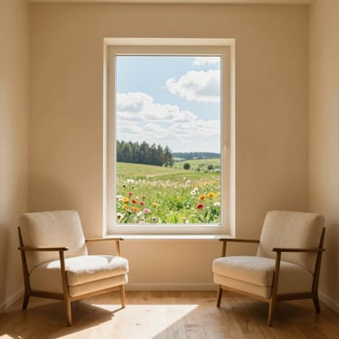 A warm and inviting home office with soft natural light, cozy chair, and calming plants.