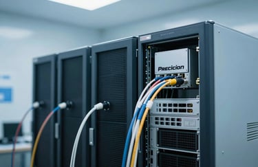 Precision fiber optic equipment and servers in a clean environment, Soft Sky Blue and Pale Ice Blue lighting, high-tech aesthetic.