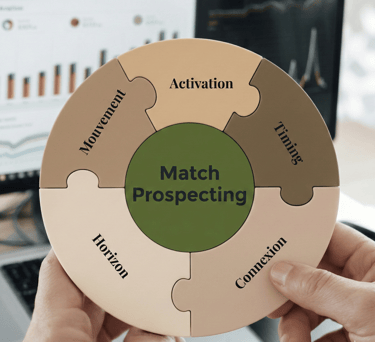 Infographie en forme de puzzle présentant la méthode MatchProspecting avec les valeurs