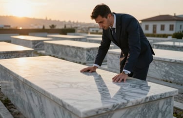 A professional service provider in Istanbul, dressed in neat attire, inspecting the alignment and integrity of a marble grave surface, sunset lighting, atmosphere of respect and quality.