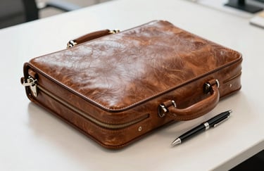 A high-quality leather briefcase and a professional pen resting on a clean, polished off-white surface in a bright office.