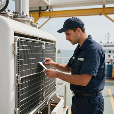 A professional marine engineer in a clean navy uniform inspecting a chiller system on a yacht in a Middle Eastern shipyard, bright lighting.