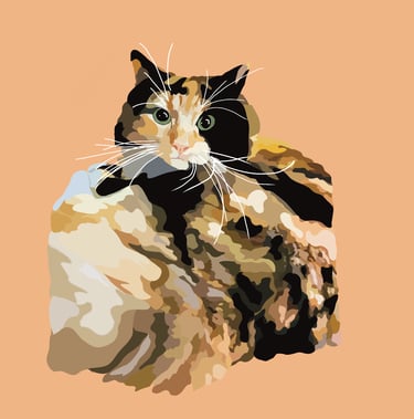 Digital illustration of a fluffy calico cat with green eyes and long white whiskers.