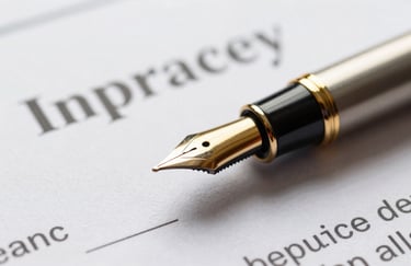 A macro shot of a metallic gold fountain pen resting on a crisp white insurance policy contract. Professional lighting, navy blue shadows, representing high trust and legal security.