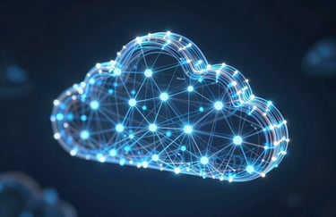An abstract, glowing 3D visualization of data nodes and interconnected fiber optic lines, representing cloud innovation.