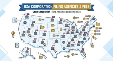 Map of USA corporation filing agencies and state fees showing costs and Secretary of State icons.