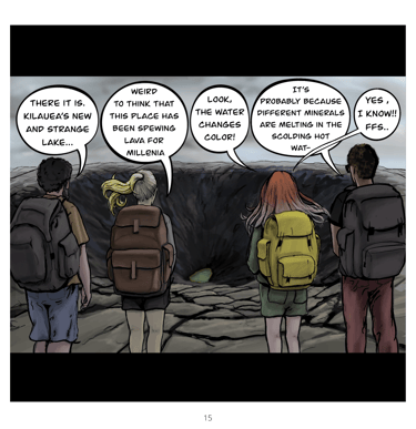 Comic panel showing four hikers with backpacks looking into Kilauea's volcanic crater at a green water lake.