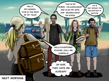 Comic illustration of a research team meeting near a helicopter for a scientific expedition.