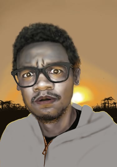 Digital painting of a man with glasses looking surprised against a golden sunset background.