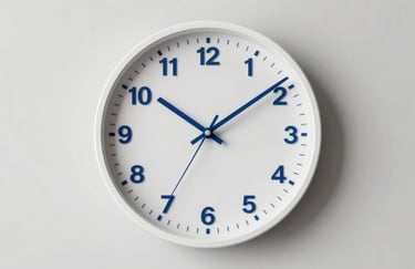 A minimalist wall clock showing a fast time lapse or highlighting the 60-minute mark, clean design with blue accents, representing urgent response.