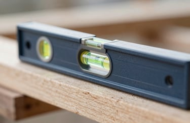 A crisp, macro photograph of a professional spirit level resting on a perfectly joined timber beam. The focus is razor-sharp on the level's bubble, symbolizing the precision of Kenny Hatfield's work. Palette includes #A0AEC0 and #1A202C.