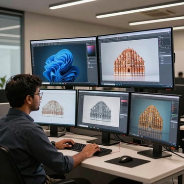 A sleek, professional design office in Jaipur where South Asian / Indian creative directors work on large monitors displaying 3D wallpaper concepts.