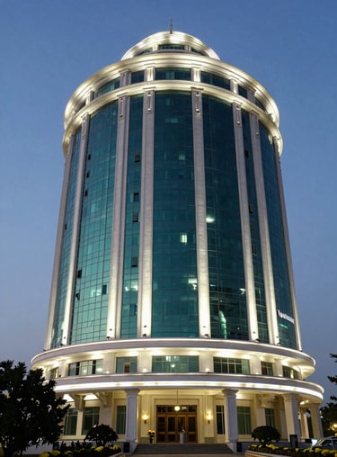 A beautiful evening view of the Mahashankh Group headquarters, featuring elegant architectural lighting in teal and white.