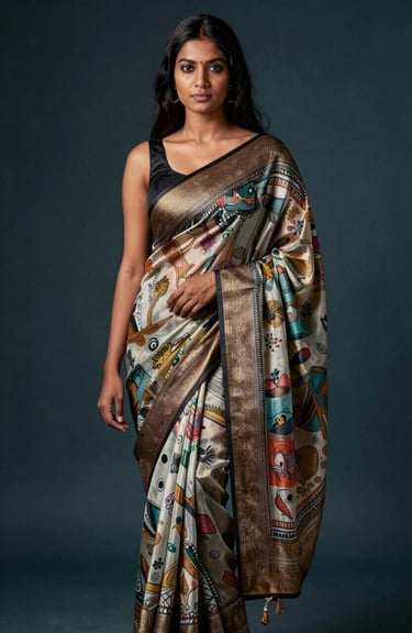 A South Asian / Indian model wearing a high-fashion silk saree featuring intricate AI-generated digital prints, studio lighting with dark teal shadows.