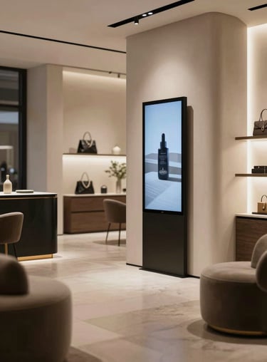 Sophisticated 3D visualization of a luxury boutique interior with digital displays and minimalist furniture.