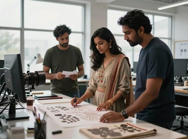 Professional South Asian / Indian designers collaborating in a high-tech studio with light coming from large windows.