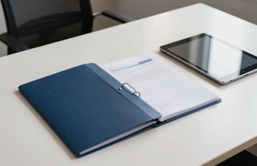 A modern office desk in a South American / Brazilian setting with a professional folder and a digital tablet, clean and organized, deep blue and off-white tones, soft daylight.